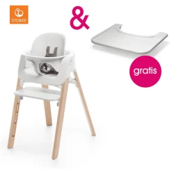 STOKKE® Steps™ Hochstuhl Weiß Buche Natur Inkl. Baby Set Weiß + Gratis Tray Weiß